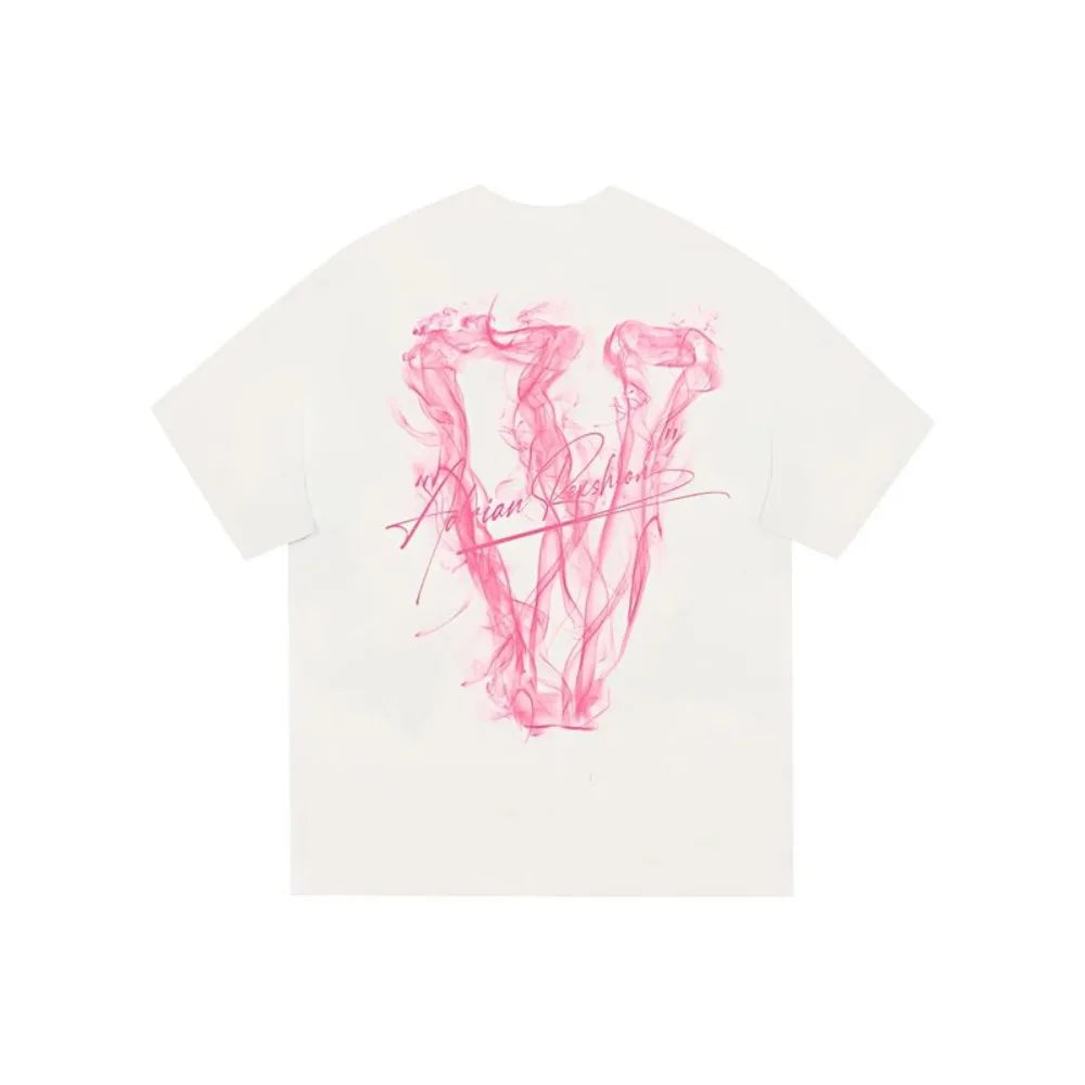2025 American Trendy Brand Retro High Street Niche Design Unreal Smoke Big V Letter Printing Cotton Short-sleeved T-shirt