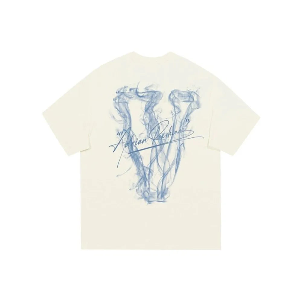 2025 American Trendy Brand Retro High Street Niche Design Unreal Smoke Big V Letter Printing Cotton Short-sleeved T-shirt