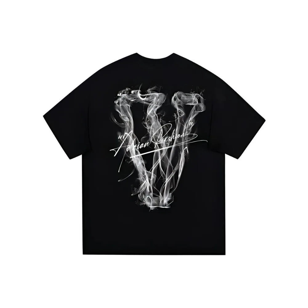 2025 American Trendy Brand Retro High Street Niche Design Unreal Smoke Big V Letter Printing Cotton Short-sleeved T-shirt