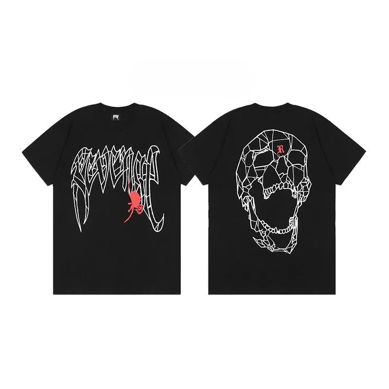 2025 REVENGE Style Fashion Alphabet Keel Smoke Skull Rap XX High Street American Short Sleeve T-shirt High Quality Luxury Brand