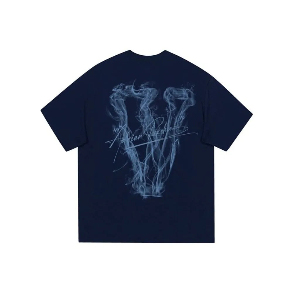 2025 American Trendy Brand Retro High Street Niche Design Unreal Smoke Big V Letter Printing Cotton Short-sleeved T-shirt